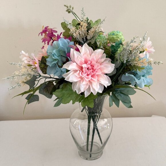 Upcycled Handcrafted Artificial Floral Arrangement Blue Green Pink Flowers OOAK - Picture 17 of 17